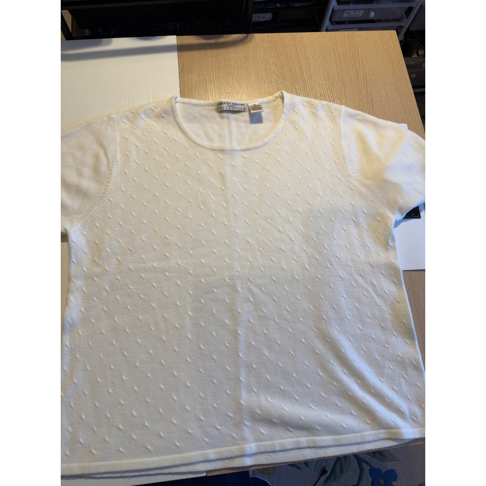 Carolyn Taylor Woman Essentials White Short Sleeve Knit Sweater Top 2X Pointelle